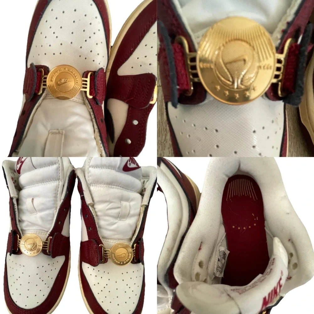 Nike Women’s White and Burgundy Sneakers with Gold Accents